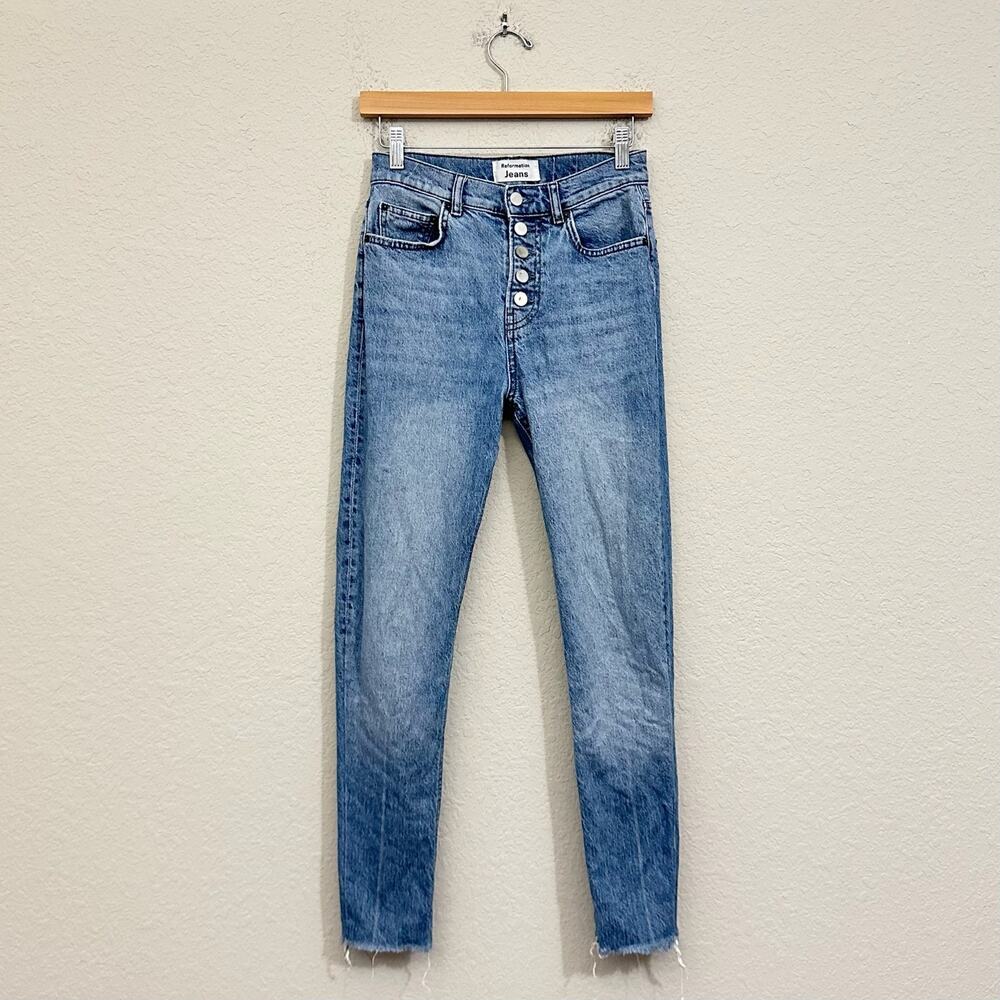 REFORMATION Skinny Jeans Blue Malta HR Exposed Button Fly Frayed